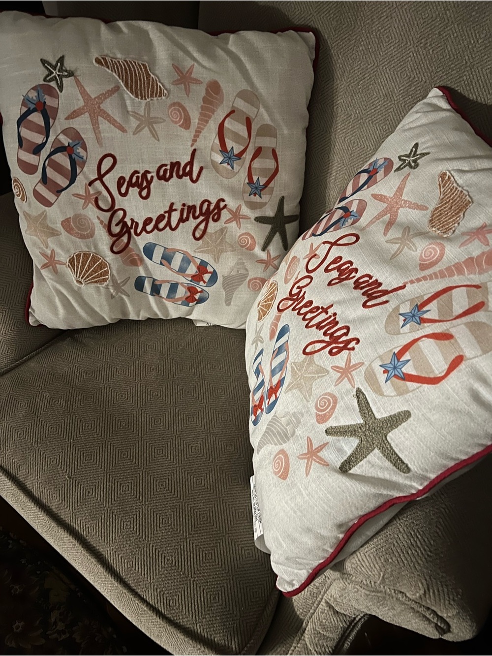 Set of two Seas and Greetings Decorative Throw Pillows - White with Red Accent